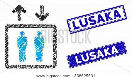 Mosaic Human Elevator Icon And Rectangular Lusaka Seal Stamps. Flat Vector Human Elevator Mosaic Ico