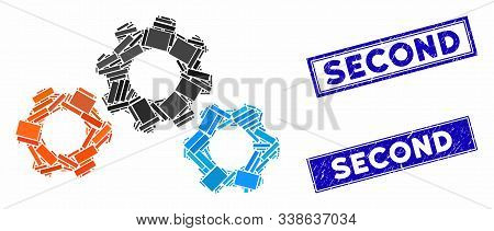 Mosaic Transmission Gears Icon And Rectangle Second Rubber Prints. Flat Vector Transmission Gears Mo