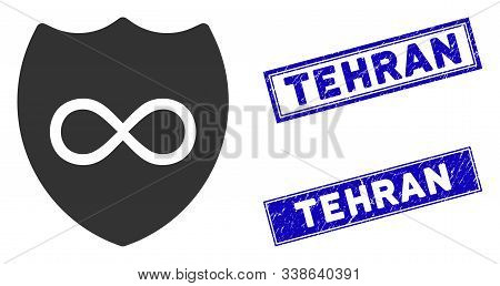 Flat Vector Unlimited Shield Icon And Rectangle Tehran Rubber Prints. A Simple Illustration Iconic D