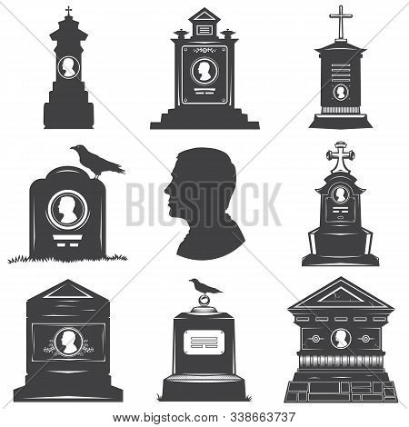 Set Of Images Of Silhouettes Of Male Graves Gravestones Monuments. Male Head Silhouette On The Stone