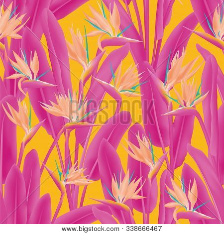 Tropical Crane Flower Vector Seamless Pattern. Jungle Plant Paradise Tropical Summer Fabric Design. 