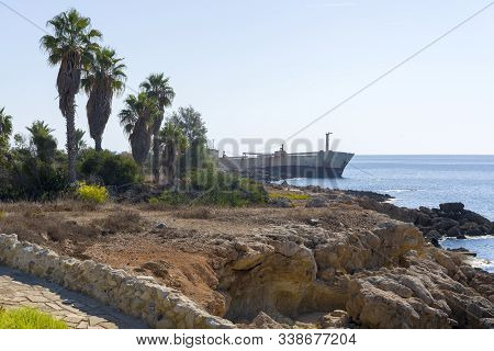 Abandoned Ship That Was Shipwrecked Off Near The Coast Of Cyprus