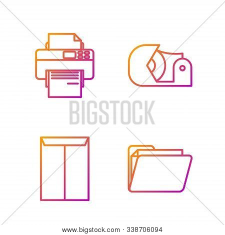Set Line Document Folder, Envelope, Printer And Scotch. Gradient Color Icons. Vector