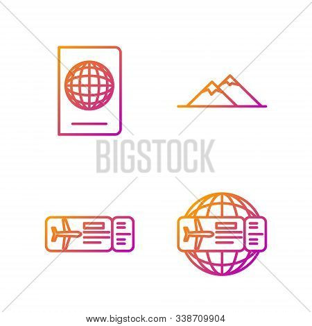 Set Line Airline Ticket, Airline Ticket, Passport With Biometric Data And Mountains. Gradient Color 