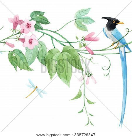 Watercolor Vector Floral Pattern With Blue Birds Of Paradise And Pink Delicate Flowers. Stock Illust
