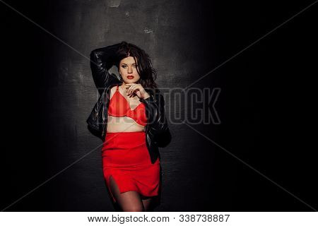 Fat Woman In Red Underwear In Black Room
