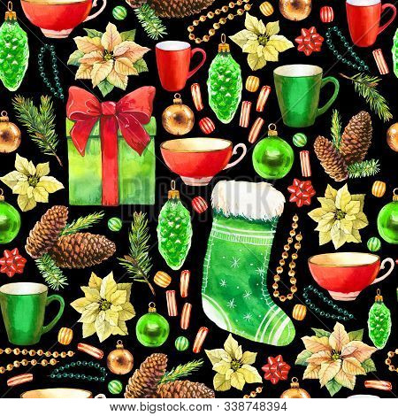 Christmas Watercolor Illustration In Picturesque Style. Holiday Seamless Pattern With Ribbon, Poinse