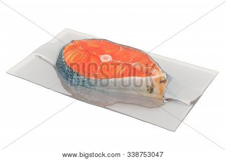Raw Salmon Steak In Vacuum Packing, 3d Rendering Isolated On White Background
