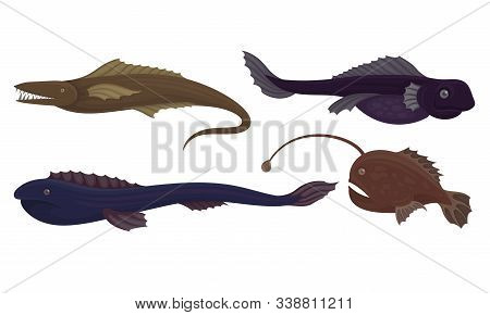Deep Sea Creatures Vector Set. Marine Dangerous Fish With Sharp Teeth