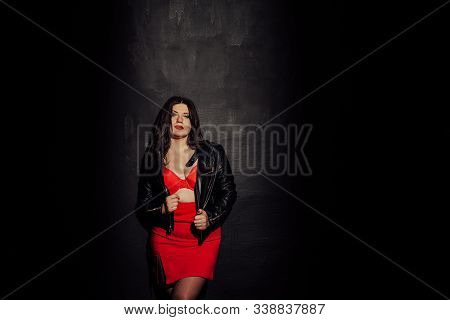 Fat Woman In Red Underwear In Black Room