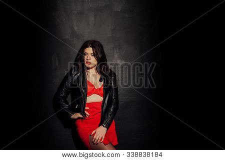 Fat Woman In Red Underwear In Black Room