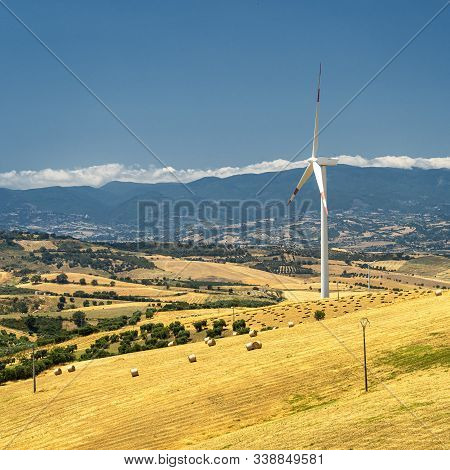 Rural Landscape At Summer In Calabria, Italy, Near Spezzano Albanese, In Cosenza Province, With Wind