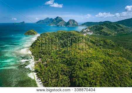 El Nido, Palawan, Philippines. Panoramic Aerial View Of Exotic Tropical Bacuit Archipelago Coastline