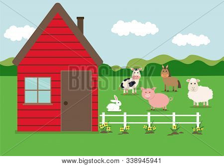 Vector Illustration Farm Animals With House And Landscape - Sheep, Horse, Cow, Pig And Rabbit.