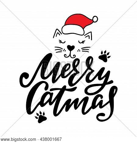 Merry Catsmas Lettering Vector Illustration. Christmas Calligraphy Text With Cat Face.