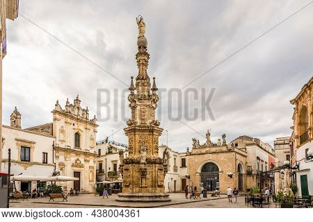 Nardo,italy - September 4,2021 - View At The Column From 18th Century In Place Salandra Of Nardo. Na