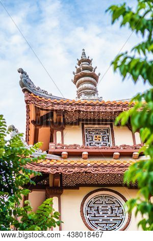 Vertical Antique Red Brown Pagoda Multi Tiered Curved Roof Temple Buddhist Culture. Summer Day Sky C