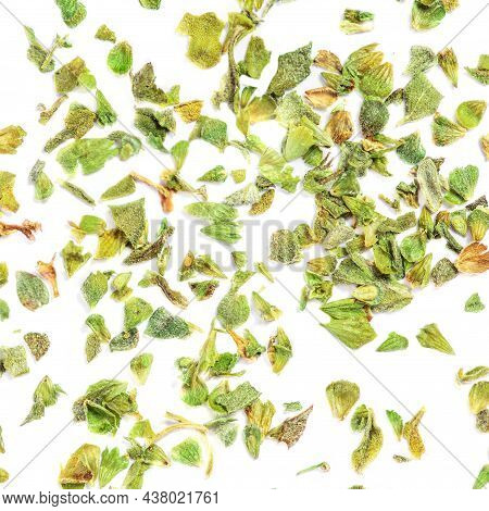 Dried Oregano Spice Isolated On White Background. Pile Of Dry  Oregano Or Marjoram Leaves Top View