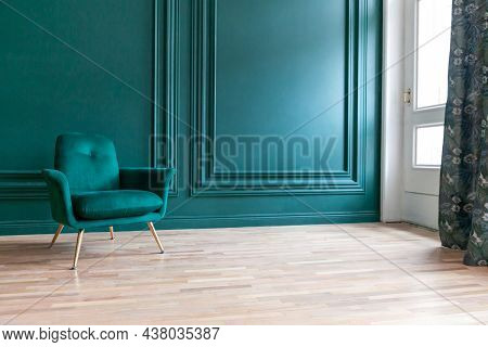 Beautiful Luxury Classic Blue Green Clean Interior Room In Classic Style With Green Soft Armchair. V