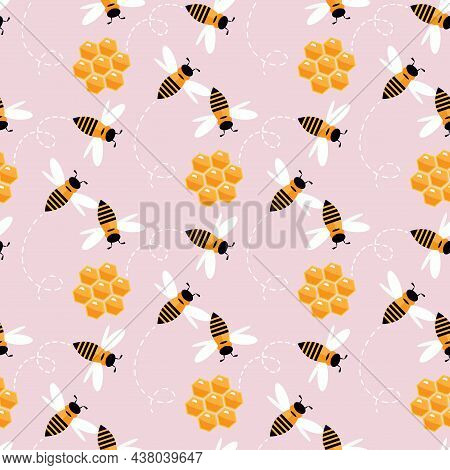Summer Flat Cartoon Seamless Pattern With Honecomb, Honey Hive  And Bees. Creative  Kids Texture For