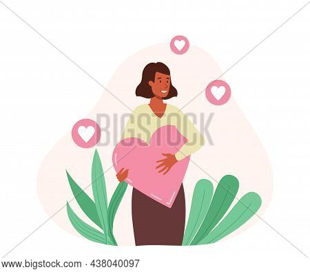 Self Love Concept. Young Woman Hugs Big Pink Heart. Metaphor For Self Acceptance And Personal Develo