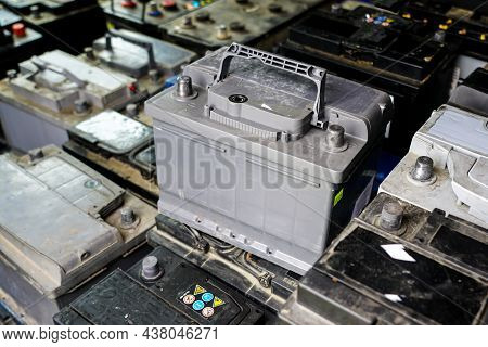 Pallet With Many Used Car Batteries For Recycling