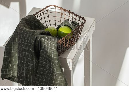 Organic Linen Kitchen Tea Towel In Dark Khaki With Limes On It.  Natural, Soft, Airy And Stylish Kit