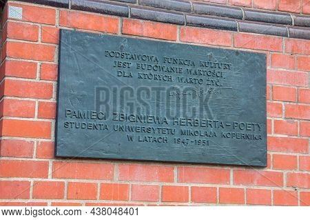 Torun, Poland - July 26, 2021: Memorial Plaque To Zbigniew Herbert.