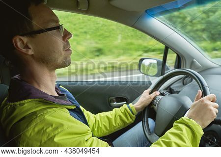 Man Drive Car. Mountain Road View. Responsible Travel Vacation. Staycation Concept. Roadtrip Weekend
