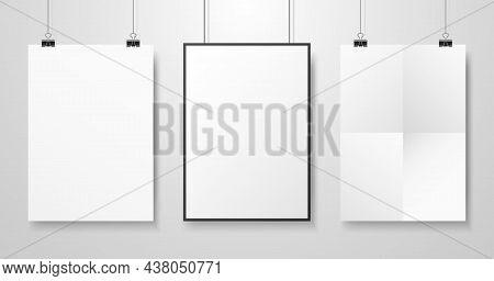 White Posters Mockup. Three Different Paper Sheets With Shadow. Photo Blanks Collection Hanging On W