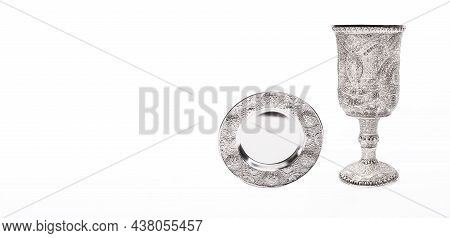 Silver Kiddush Wine Cup And Saucer Isolated On White Background.