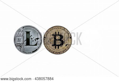 Bitcoin And Litecoin Isolated On White Background.