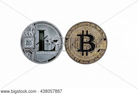 Litecoin And Bitcoin Crypto Currency Isolated On White Background.