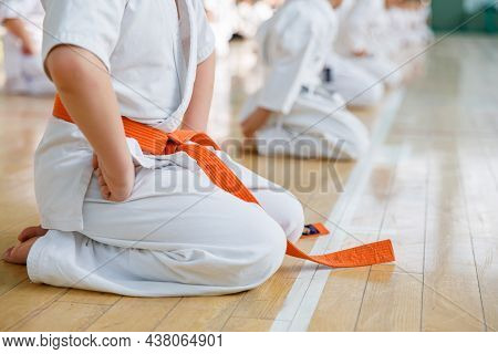 Karate Students Train In The Martial Arts Hall. Martial Arts School Training In The Gym.