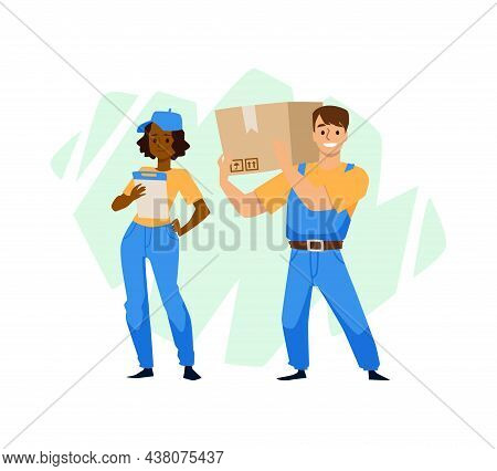 Movers Team With Cardboard Box, Black Female And Strong White Man Isolated On White Background.