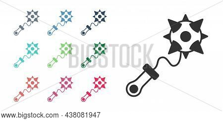 Black Medieval Chained Mace Ball Icon Isolated On White Background. Morgenstern Medieval Weapon Or M