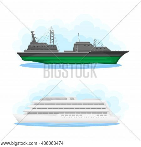 Water Transport With Cruise Ship And Reefer Cargo Ship Vector Set