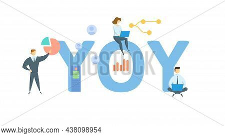 Yoy, Year-over-year. Concept With Keyword, People And Icons. Flat Vector Illustration. Isolated On W