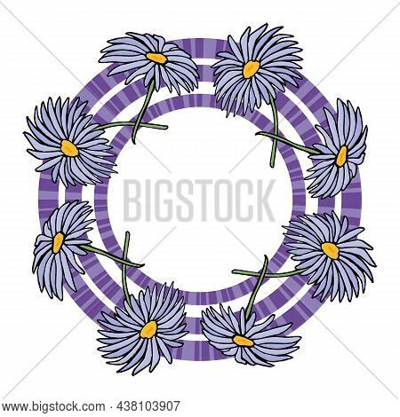 Round Frame With Stylish Aster Dumosus Blaubox On White Background. Vector Image.