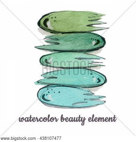 Watercolor Makeup Green And Turquoise Gradient Smear On White Background. Fashion Illustration