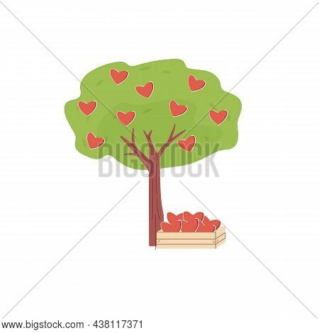 Vector Cartoon Flat Full Grown Tree With Hearts Symbols Isolated On Empty Background-social Media, C