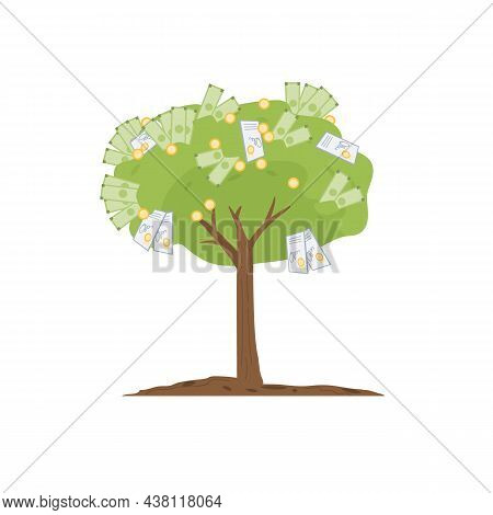 Vector Cartoon Flat Full Grown Money Tree Isolated On Empty Background-financial Investments Metapho