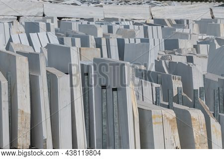 Industrial Cut White Marble Slabs And Blocks On Stockyard