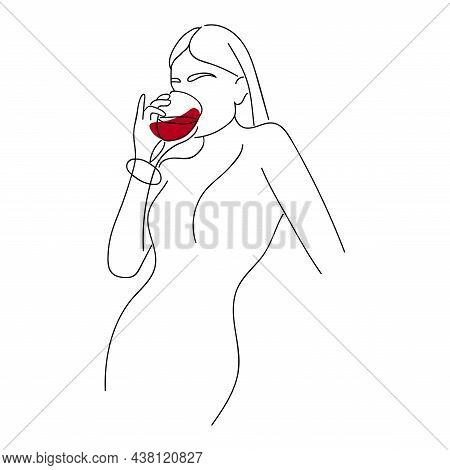 Girl Drinks Wine Or Champagne From A Glass. Linear Silhouette Of A Woman With A Glass Goblet. Vector