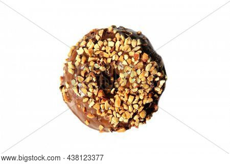 chocolate Donut with peanuts. isolated on white. room for text. clipping path. People world wide enjoy donuts. Enjoy a Donut today.