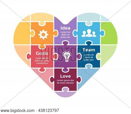 Puzzle Jigsaw Heart Sign Infographic. Valentines Day. Medical Healthcare Concept. 6 Options Diagram.