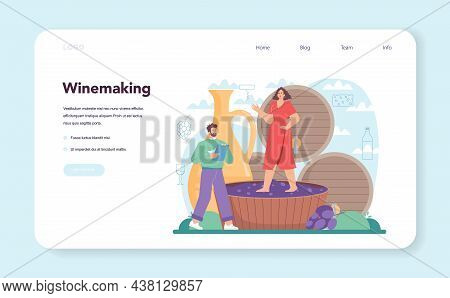 Wine Maker Web Banner Or Landing Page. Grape Wine In A Wood Barrel