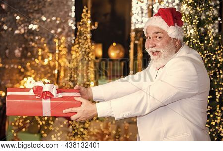 Bearded Grandfather Man Celebrate Christmas. Christmas Gift. Happy Santa Claus. Joyful Present Well 