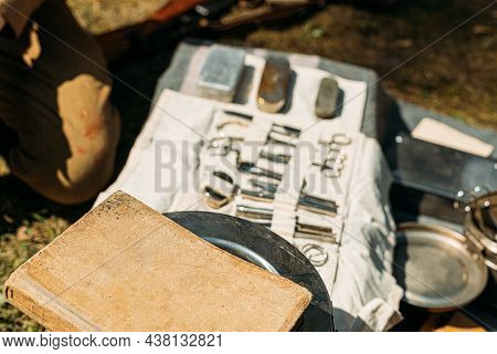 Old Medical And Surgical Instruments. Many Surgical Instruments For Surgery. Old Different Metal Med