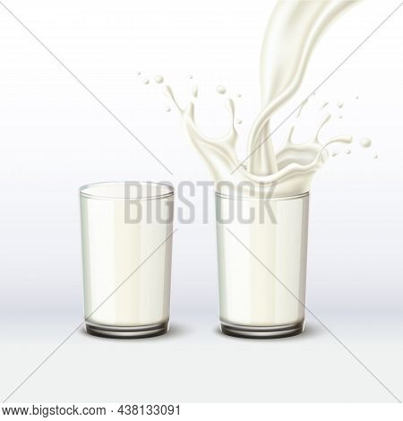 Realistic Milk Glass. 3d Milkshake Splash. Organic Nutritious Drink. Dairy Product. Full Liquid Crea